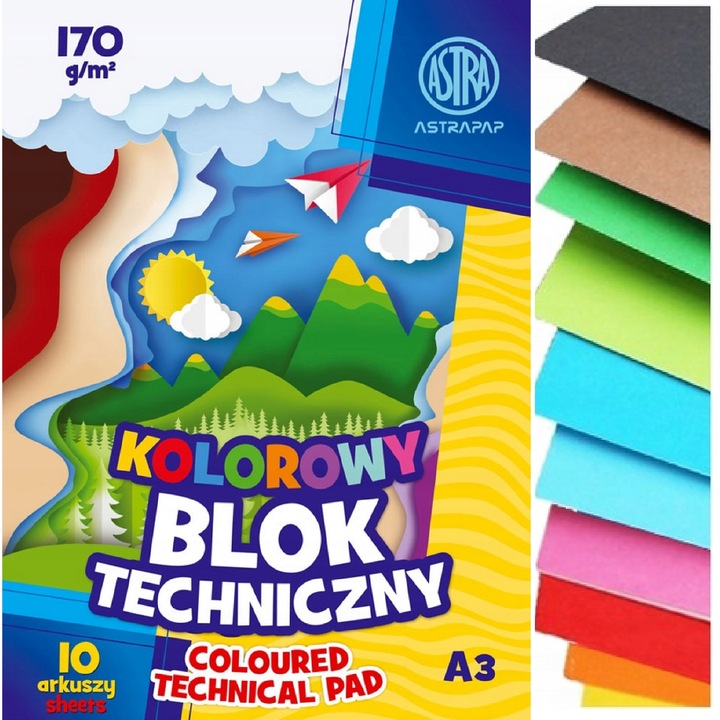 ASTRA ZESTAW BLOKÓW RYSUNKOWE, TECHNICZNE, BIAŁE KOLOROWE, BLOKI A4, A3