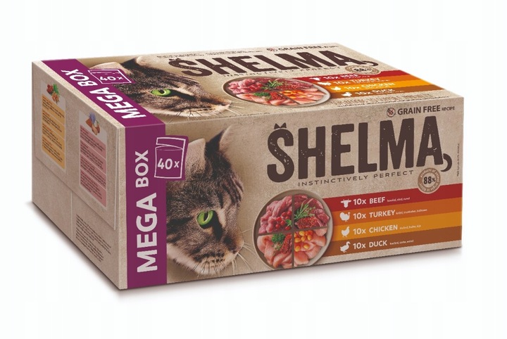 MOKRA KARMA DLA KOTA SHELMA MEGA BOX 40X85G FILECIKI MIX 4 SMAKÓW BEZ ZBÓŻ