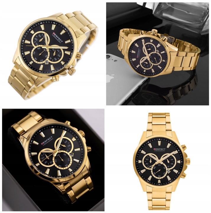 ZEGAREK MĘSKI PERFECT TONY +BOX +GRAWER złoty datownik cyfry czytelny