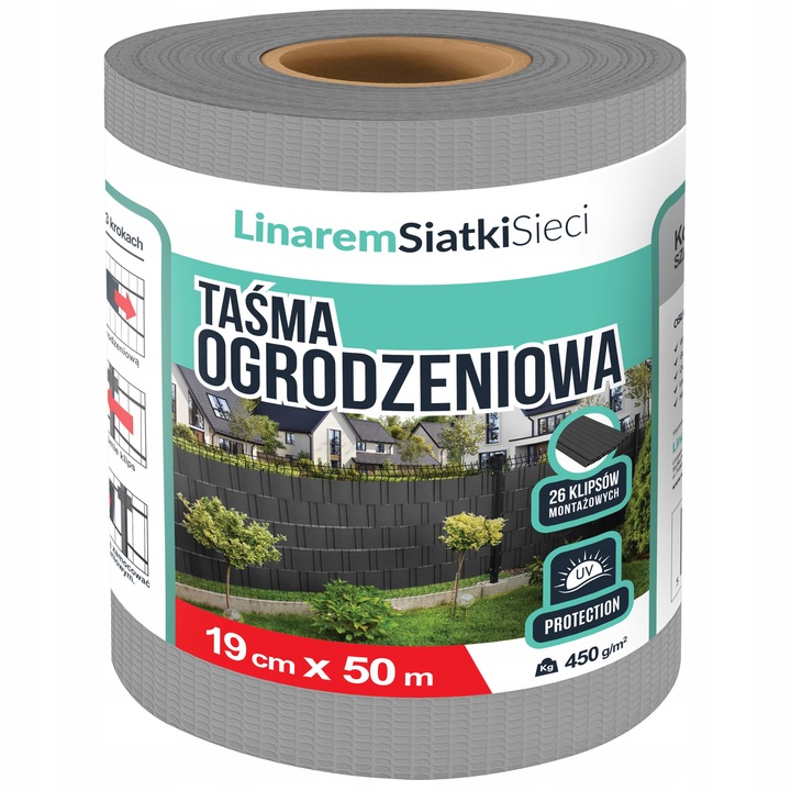 TAŚMA OGRODZENIOWA 19cmx50m +UV OSŁONA NA OGRODZENIA PANELOWE PŁOT SZARA