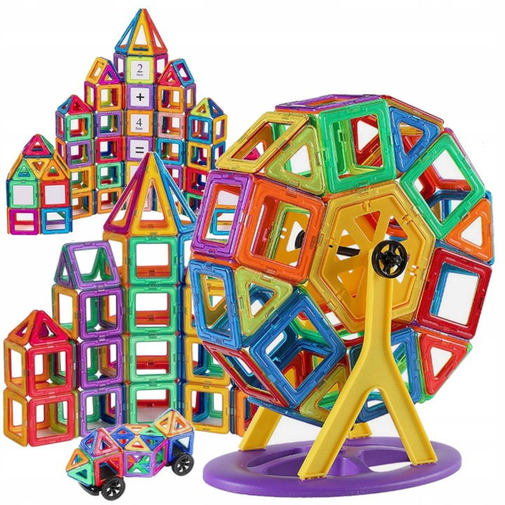 KLOCKI MAGNETYCZNE 3D koło młyńskie pojazdy ZESTAW Magnetic Tiles 72 el.