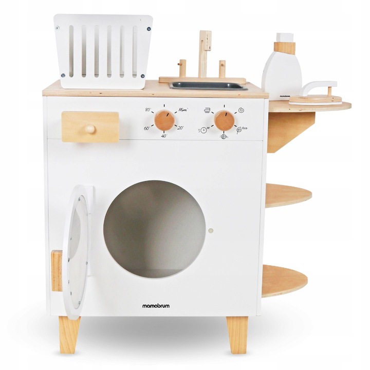 DREWNIANA PRALKA XXL - Z ŻELAZKIEM, KOSZEM, UMYWALKĄ - PRANIE MONTESSORI