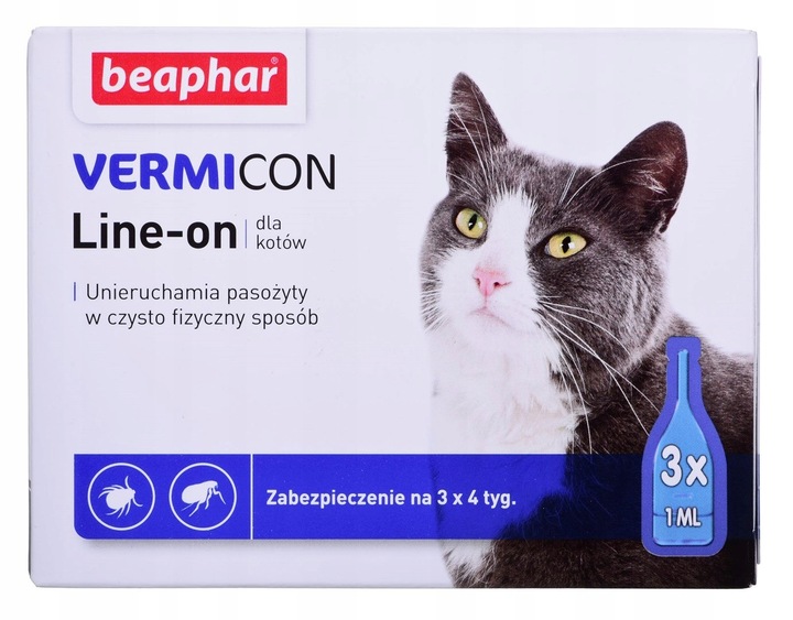 Beaphar VERMICON Krople KLESZCZE Pchły KOT 3x1ml