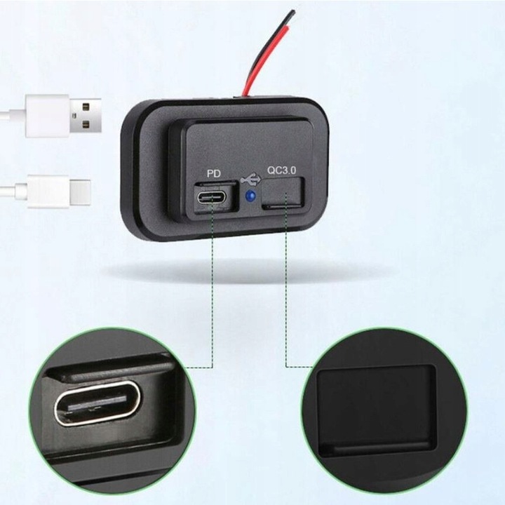 Ładowarka samochodowa , USB C - PD , USB A - QC - 2 x 3A, 12V / 24V - ODYS
