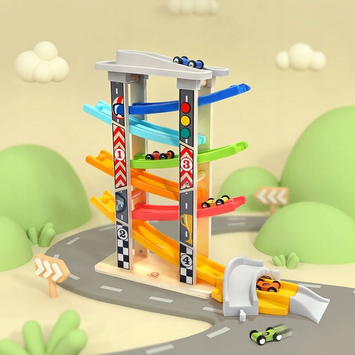 TOP BRIGHT Duży Tor Samochodowy Zjeżdżalnia Rampy 6 Aut Dla Chłopca