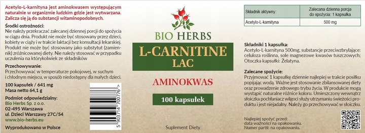 L-carnitine alc acetylo l karnityna energia metabolizm aminokwas 100 kaps.