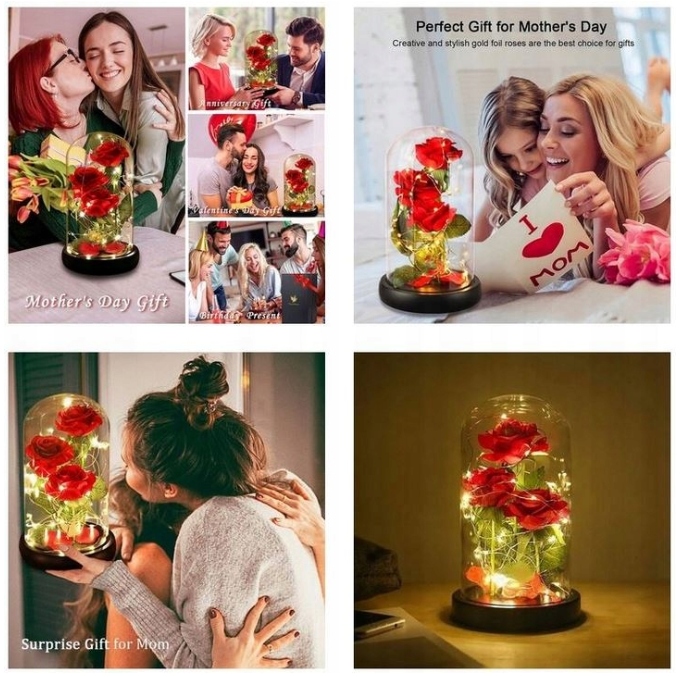 WIECZNA RÓŻA W SZKLE ŚWIATEŁKA LED TRZY RÓŻE walentynki prezent