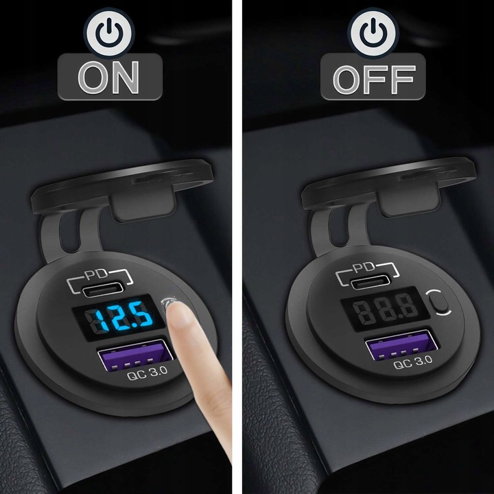Ładowarka samochodowa USB QC 3.0 USB-C C PD gniazdo zapalniczki Woltomierz