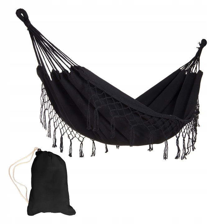 DUŻY MOCNY HAMAK OGRODOWY BOHO HUŚTAWKA MIDAS 3 100x200 CZARNY + POKROWIEC