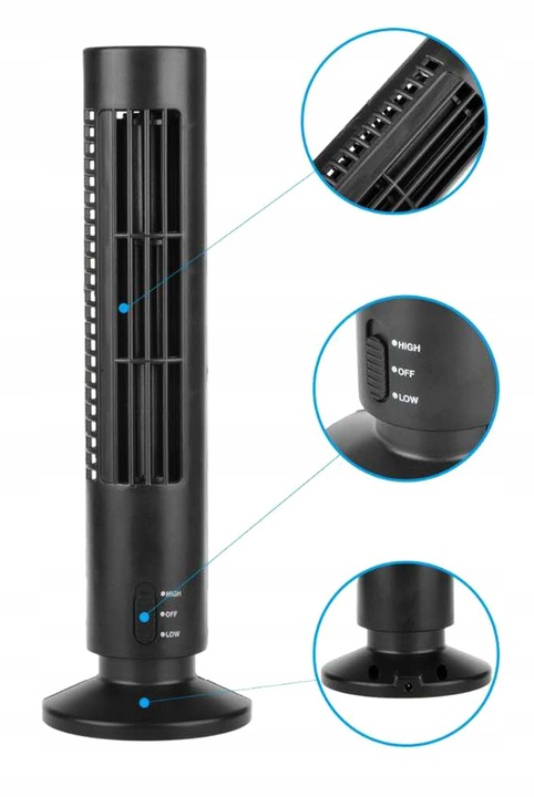 WENTYLATOR KOLUMNOWY STOJĄCY BIURKOWY OSCYLACJA KLIMA USB 3W CZARNY AG389E