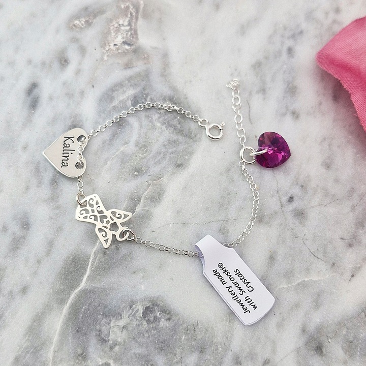 BRANSOLETKA SREBRNA DZIECIĘCA ANIOŁEK I SERCE SWAROVSKI GRAWER SREBRO 925