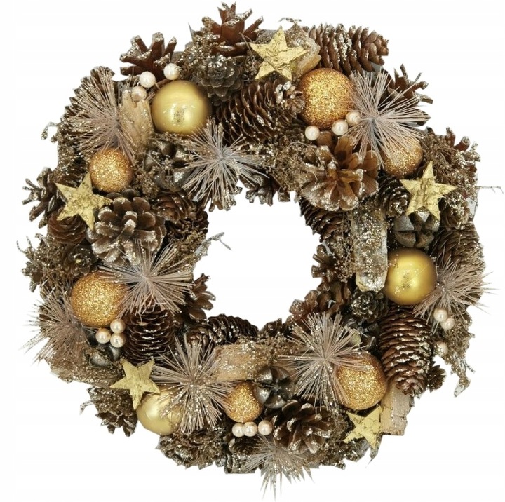 Ręcznie robiony wieniec świąteczny 34 cm złoty stroik z szyszek i bombek