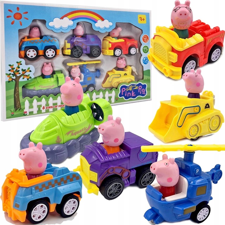 ZESTAW POJAZDÓW ŚWINKA PEPPA FIGURKI + SAMOCHODY 6 SZTUK RUCHOME AUTKA