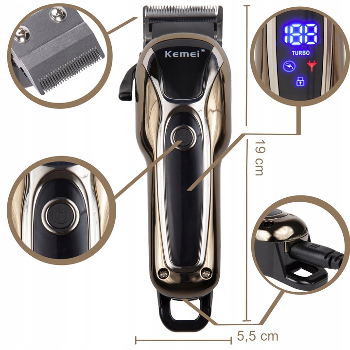 BEZPRZEWODOWA MASZYNKA DO STRZYŻENIA WŁOSÓW KEMEI KM-1990 BARBER USB LCD