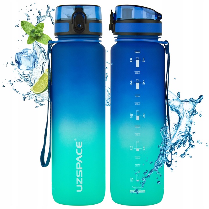 BUTELKA NA WODĘ 1L TRITAN Bidon z miarką motywacyjną niebiesko-turkusowy