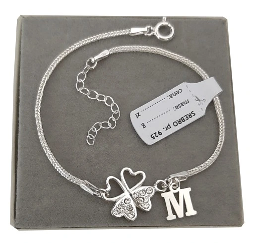 Srebrna bransoletka koniczynka na szczęście LITERKA cyrkonie PUDEŁKO SREBRO