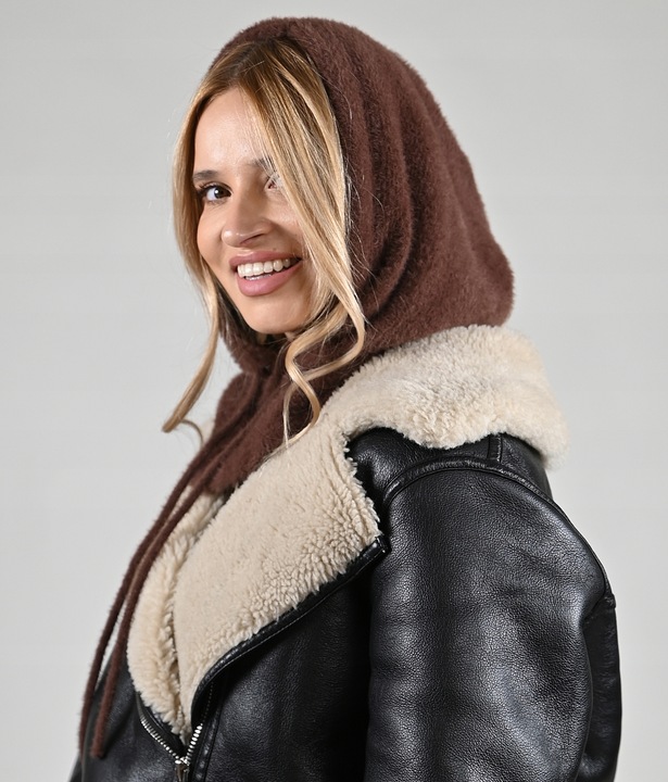 Czekoladowa Kominiarka KAPTUR komin Balaclava Czapka damska miekka zimowa