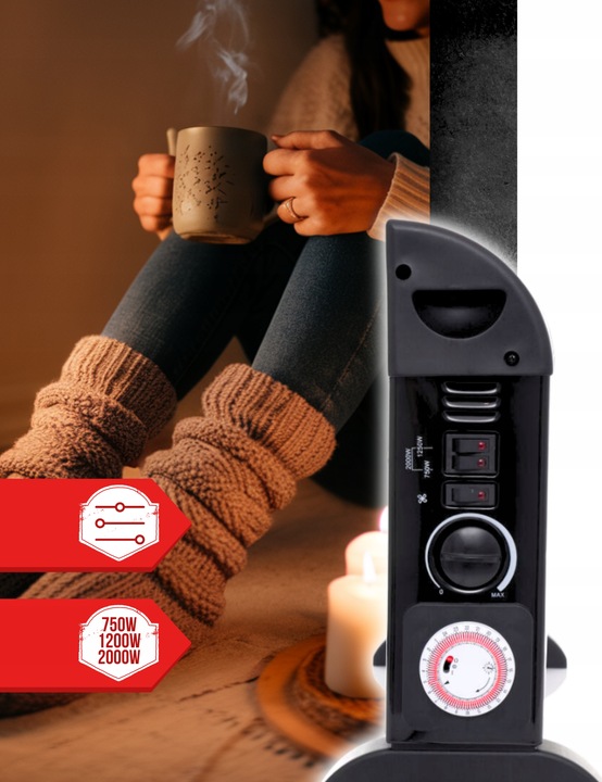 Grzejnik elektryczny konwektorowy Mocny z termostatem Turbo Timer 2000W