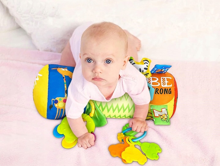 WAŁEK do RACZKOWANIA poduszka dla niemowląt WALEC grzechotki gryzak metki