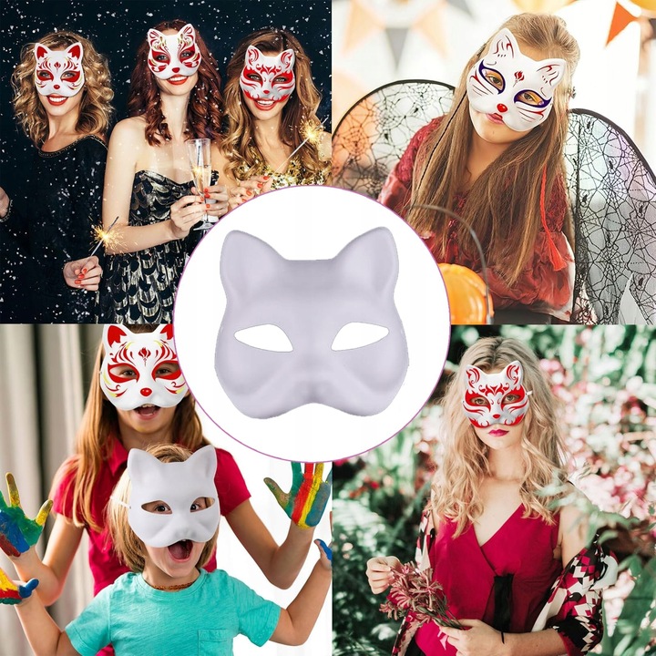 10× DIY PUSTE, RĘCZNIE MALOWANE MASKI MASKA KOT + 2× PĘDZLE + 12× FARBA