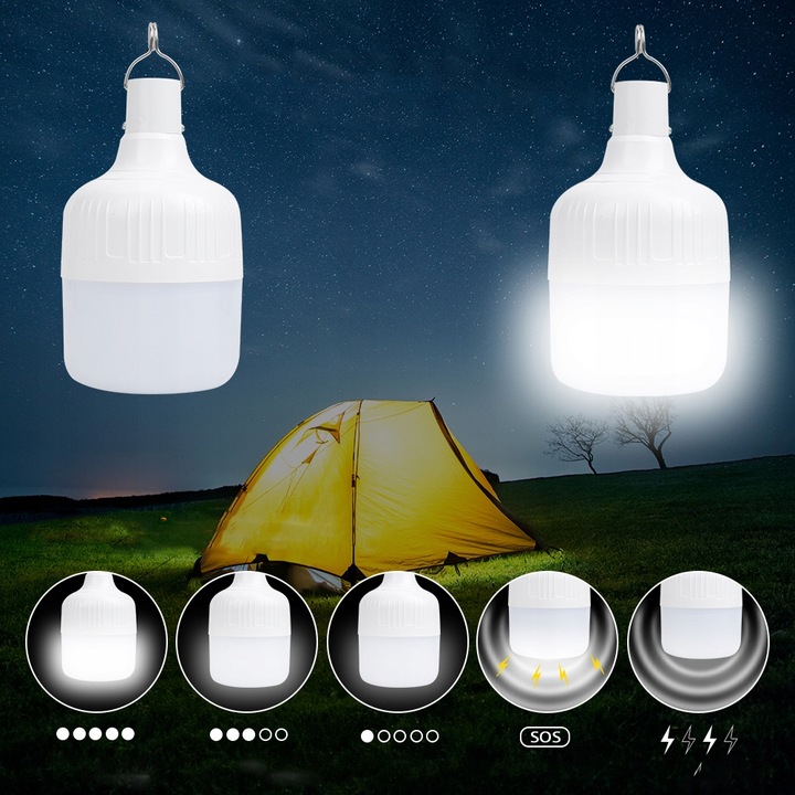 LAMPA KEMPINGOWA ŻARÓWKA LED LAMPKA DO NAMIOTU Z HACZYKIEM I AKUMULATOREM