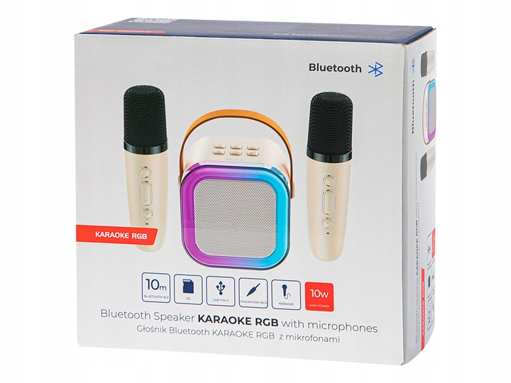 GŁOŚNIK BLUETOOTH PRZENOŚNY KARAOKE RGB 2 MIKROFONY MINI JACK USB SD