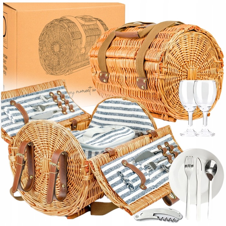 Pleciony kosz piknikowy wiklinowy dla 2 osób ogród termotorba talerze