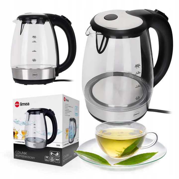 CZAJNIK ELEKTRYCZNY BEZPRZEWODOWY SZKLANY C415 ELDOM 2200 W 1,7 l