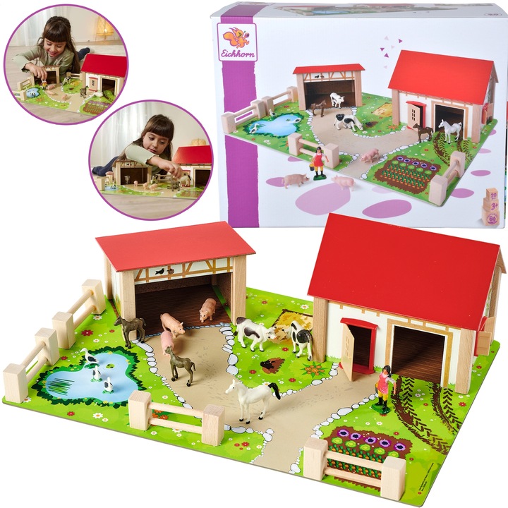 DUŻA DREWNIANA FARMA ZAGRODA + FIGURKI ZWIERZĄT KONIE ŚWINKI STAJNIA 25 EL.