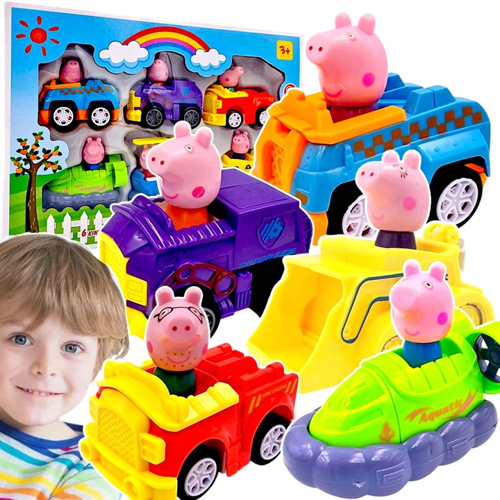 ZESTAW POJAZDÓW ŚWINKA PEPPA FIGURKI + SAMOCHODY 6 SZTUK RUCHOME AUTKA