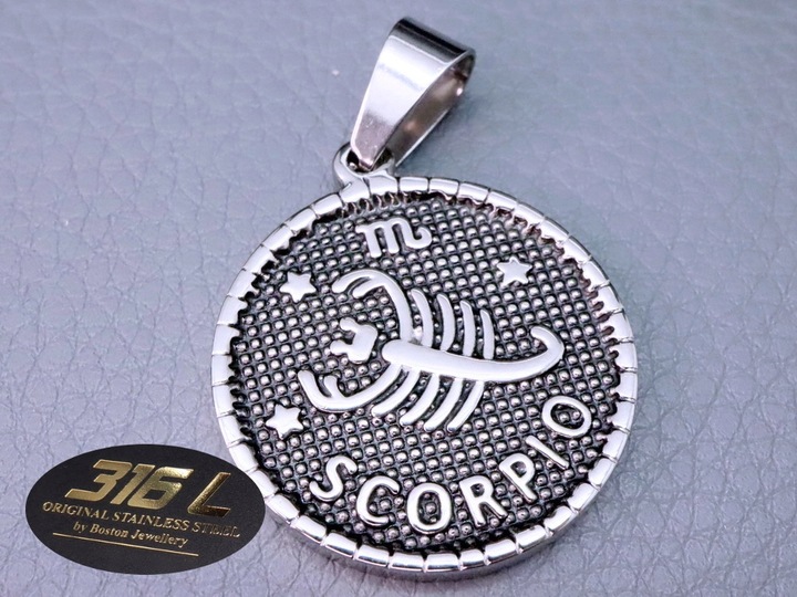 SREBRNY MEDALIK MEDALION ZNAK ZODIAKU SKORPION PRAWDZIWA STAL CHIRURGICZNA