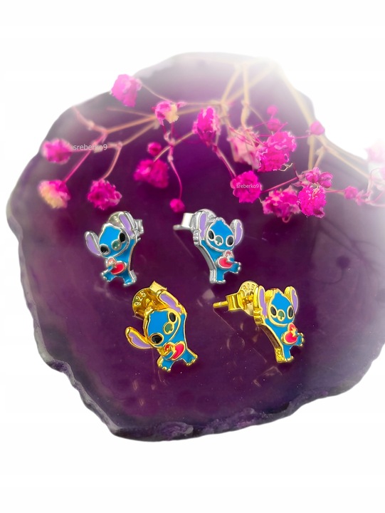 Pr.925 Srebrne bajkowe kolczyki Stich z serduszkiem -HIT kolorowy Stitch