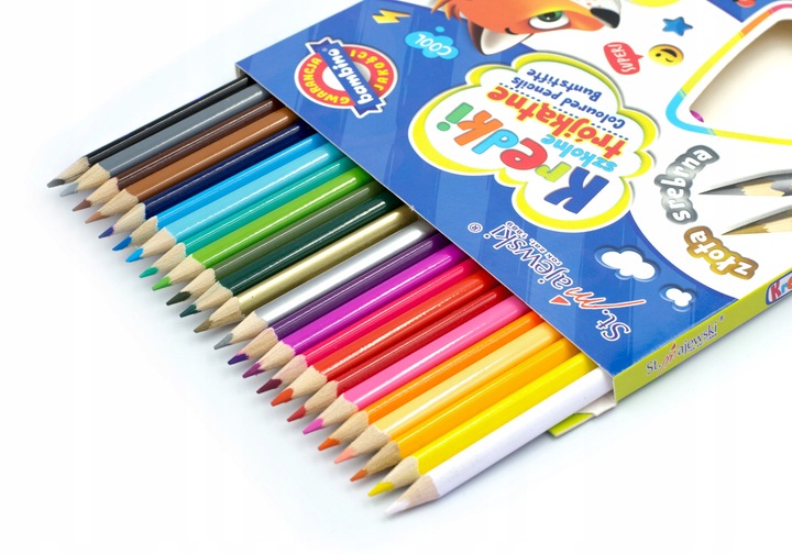 Kredki Trójkątne Szkolne Ołówkowe 24 kol. Złota Srebrna Bambino