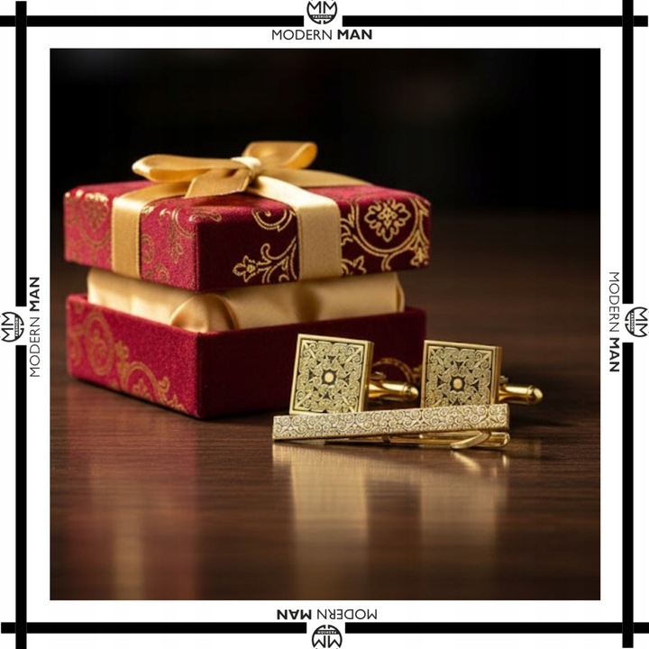 ZESTAW SPINKI DO MANKIETÓW I KRAWATU ZŁOTE NOWOCZESNE PREZENT DLA NIEGO