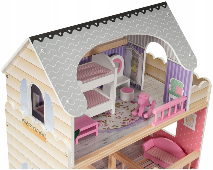Domek dla Lalek Drewniany Duży Oświetlenie LED Mebelki 3 Poziomy - XL 90cm