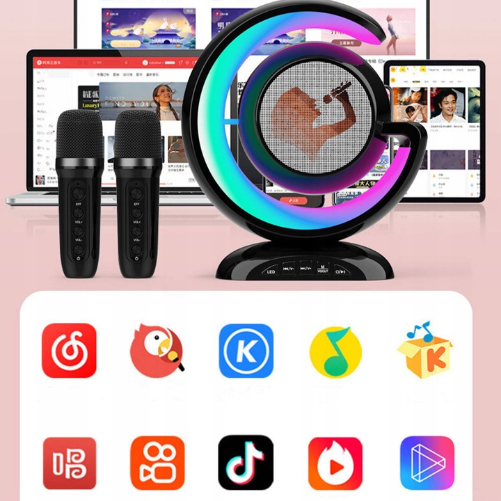ZESTAW KARAOKE 2 MIKROFONY BEZPRZEWODOWY PRZENOŚNY GŁOŚNIK BLUETOOTH LED