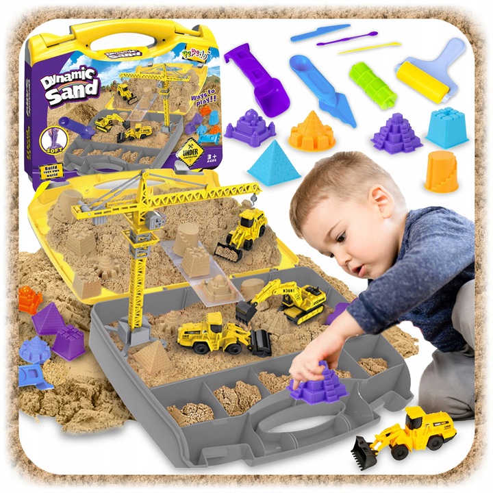 ZESTAW KONSTRUKCYJNY PIASEK KINETYCZNY DŹWIG POJAZDY BUDOWLANE DLA DZIECI