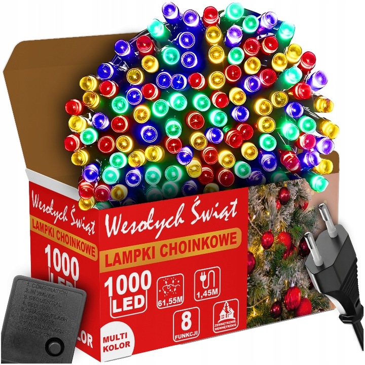 LAMPKI CHOINKOWE MULTIKOLOR 1000LED 8 TRYB ZEW/WEW 63 METRY NA CHOINKĘ