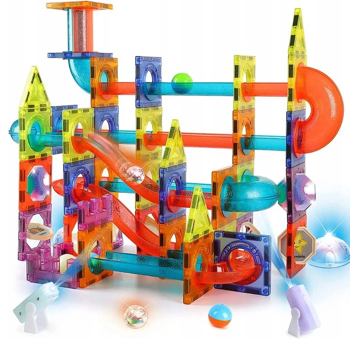KLOCKI MAGNETYCZNE ŚWIECĄCE STEM 75 ELEMENTÓW TOR KULKOWY LED3+ MAGNA TILES
