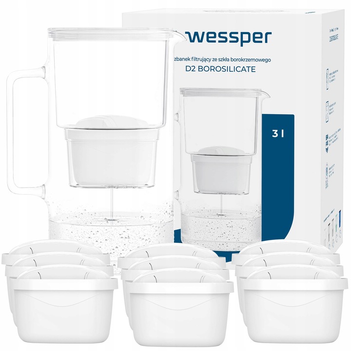 Dzbanek filtrujący szklany Wessper AquaMax 3l + 10x Filtr do wody