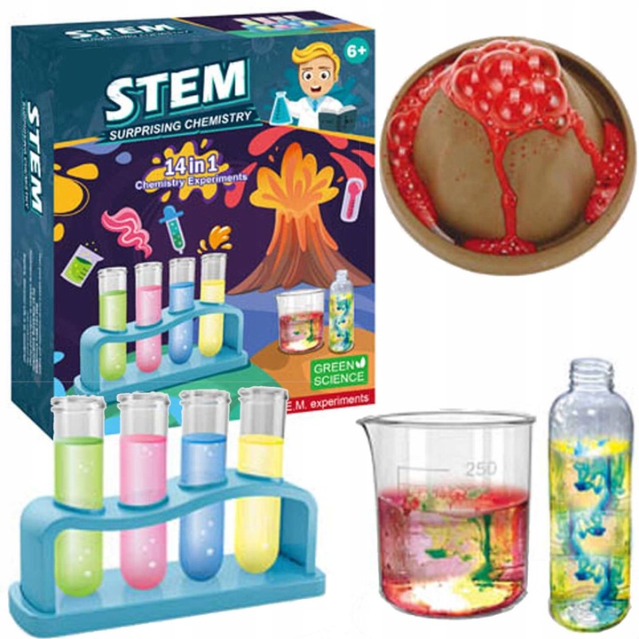 EKSPERYMENTY DLA DZIECI ZESTAW EDUKACYJNY WULKAN MAŁY CHEMIK 14W1 WYBUCH