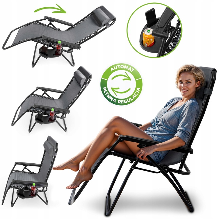 LEŻAK OGRODOWY Z PODNÓŻKIEM OGRODOWY PLAŻOWY AUTOMAT ZERO GRAVITY PÓŁKA