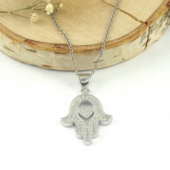 Srebrny Naszyjnik Damski 925 Wisiorek Łańcuch Dłoń Ręka Fatimy Hamsa Amulet