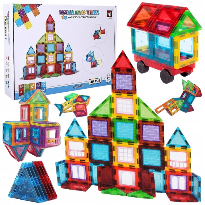 KOLOROWE Klocki Magnetyczne KONSTRUKCYJNE 3D XXL MAGNETIC TILES 45 Eelem.
