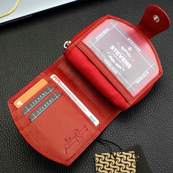 Portfel Damski Skórzany STEVENS Mały Czerwony Zapinany Portmonetka RFID