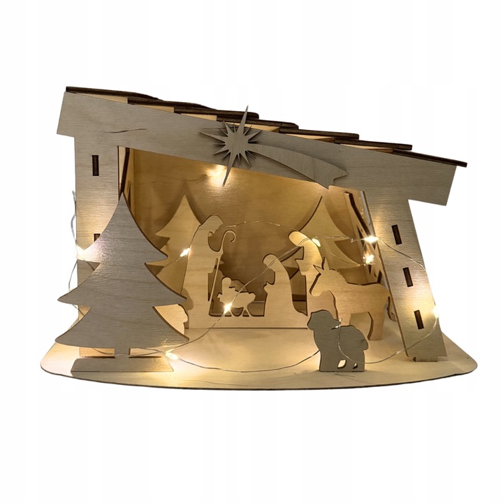 ŚWIĄTECZNA SZOPKA Z DREWNA BETLEJEM STAJENKA Z LAMPKAMI STOJĄCA OZDOBA 22CM