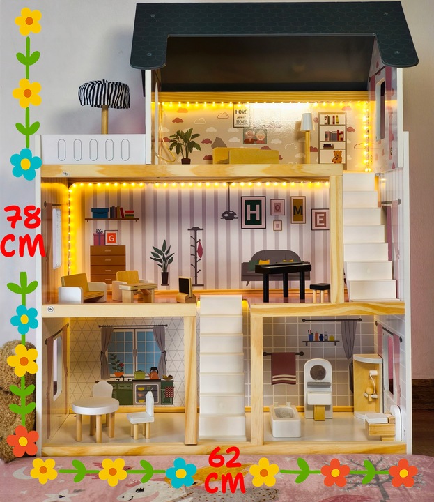 DOMEK DLA LALEK DREWNIANY LED Akcesoria Laleczki 3 Poziomy Duży Mebelki