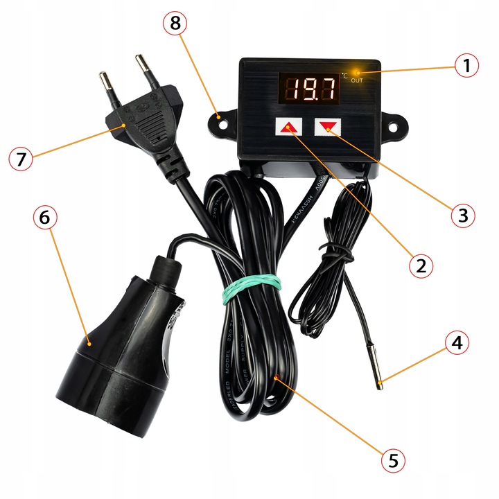 TERMOSTAT ELEKTRONICZNY REGULATOR TEMPERATURY Z GNIAZDKIEM I WTYCZKĄ 230V