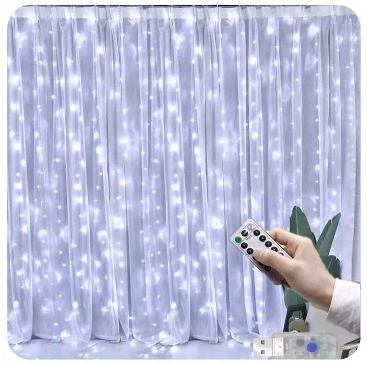 KURTYNA ŚWIETLNA LED DRUCIK USB LAMPKI SOPLE PILOT USB BIAŁY ZIMNY 2X2M