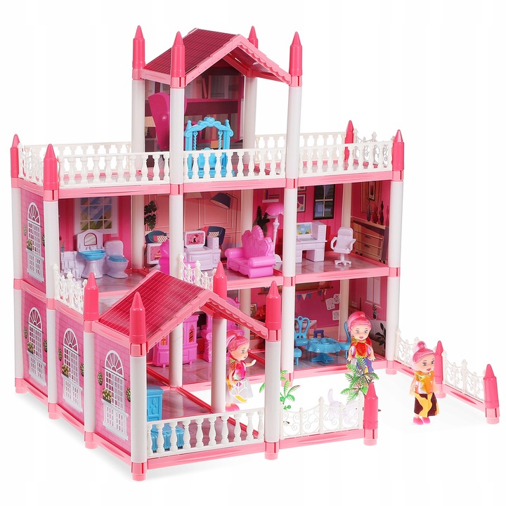 DUŻY ZESTAW MEBLI DO DOMKU DLA LALEK 3 PIĘTRA 9 POKOI z oświetleniem LED